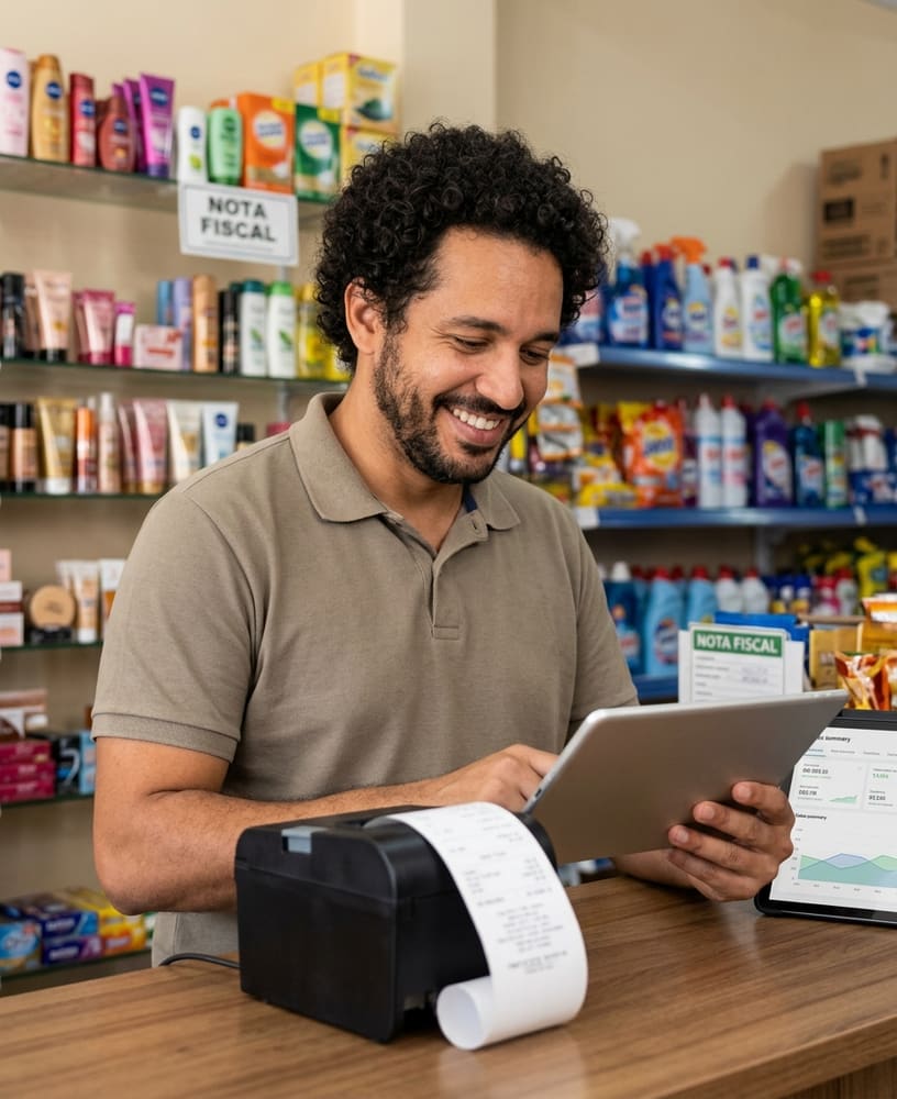 Lojista sorrindo com tablet enquanto a impressora térmica emite a nota fiscal