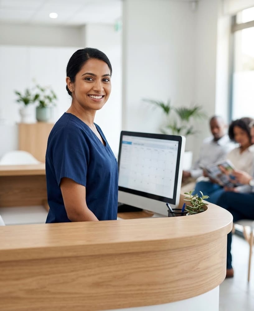 Recepcionista sorrindo com a agenda de reservas no monitor