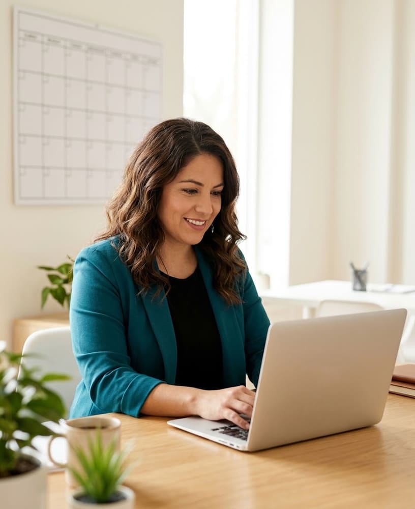 Gestora no notebook com calendário de mensalidades na parede