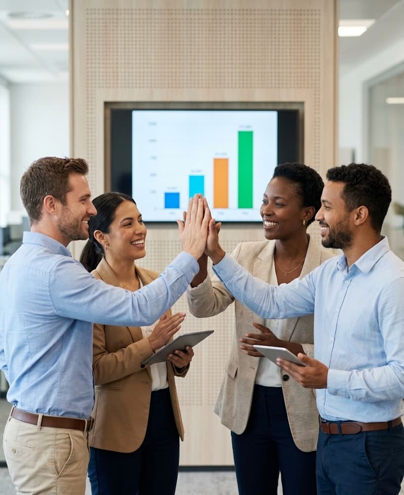 Equipe comercial comemorando meta batida diante de um gráfico