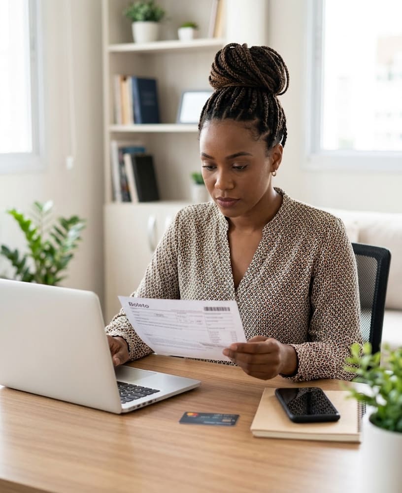 Empreendedora conferindo um boleto ao lado do notebook e do cartão