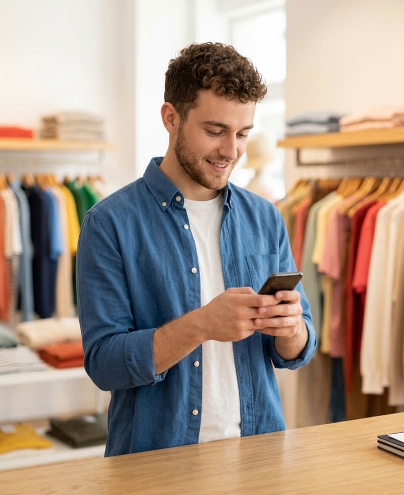 Vendedor de loja de roupas respondendo clientes pelo celular