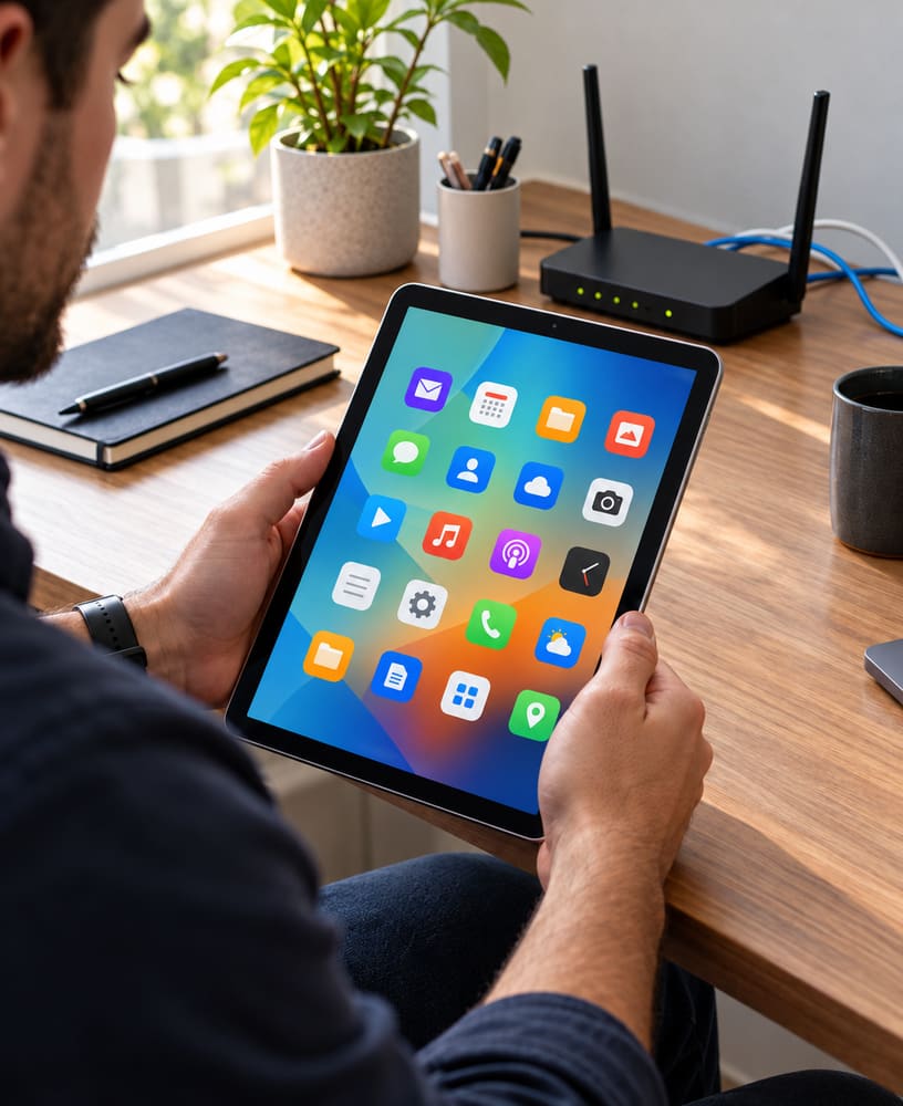 Pessoa segurando um tablet com aplicativos integrados, roteador ao fundo