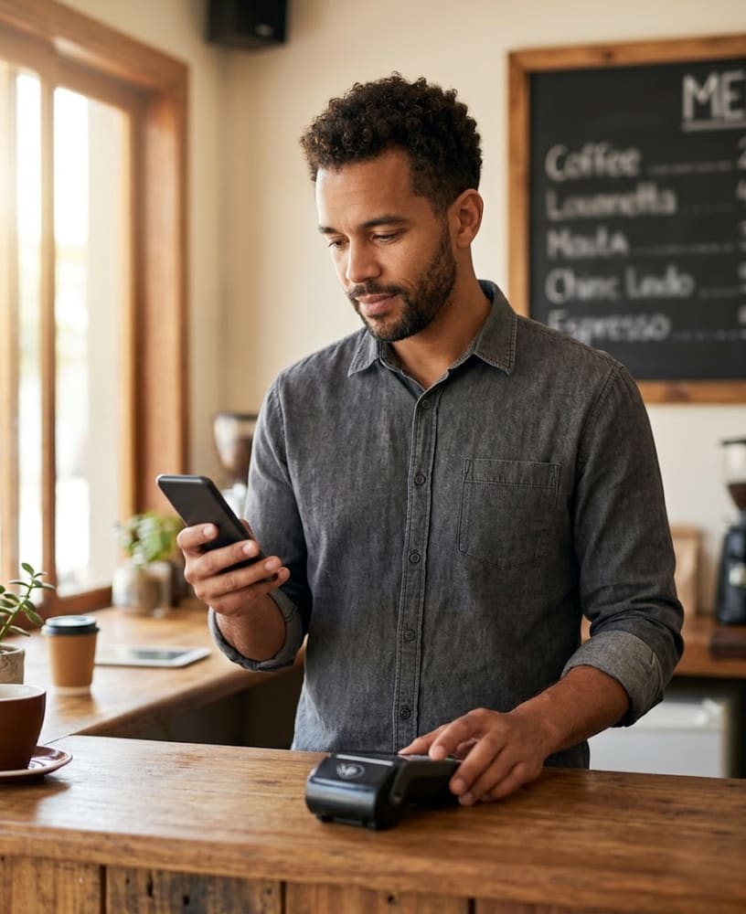 Empreendedor no celular com maquininha de cartão no balcão do café