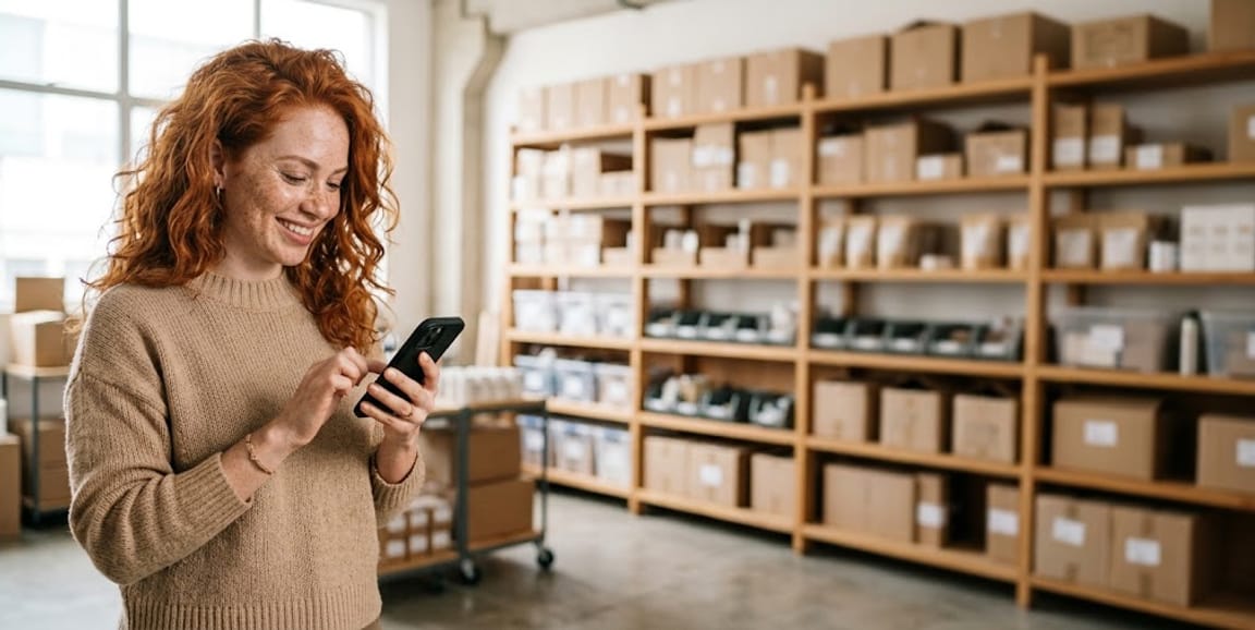 Lojista sorrindo enquanto emite a nota fiscal pelo celular, no estoque da loja